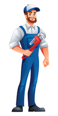 Smiling plumber in a blue uniform holding a large red pipe wrench in his hand. Vector cartoon illustration