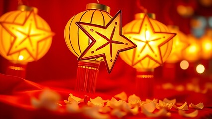 Golden star lanterns glowing against red silk, with scattered chrysanthemum petals for a festive touch.