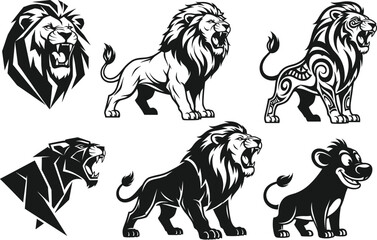 Lion illustrations vector set, roaring lion artwork, tribal tattoo design, wild animal head, mascot style, black silhouette, powerful jungle king collection