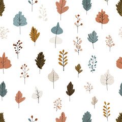 A vibrant assortment of illustrated plants and leaves fills the white background, showcasing various shapes and colors. This design highlights the beauty and diversity of nature in a playful manner.
