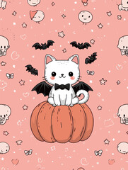 A whimsical white cat with bat wings and a bow tie is perched on a bright orange pumpkin. The background features playful Halloween-themed illustrations, including bats and smiling skulls.