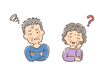 困っている高齢の男性・疑問に思っている高齢女性（フルカラー）