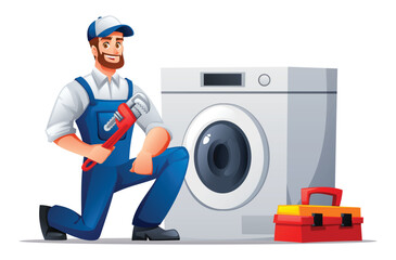 Plumber kneeling with a wrench next to a washing machine and a toolbox. Vector cartoon illustration