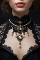 Elegant woman wearing luxurious black lace choker necklace adorned with pearls and gemstones, vintage gothic fashion jewelry concept highlighting beauty, style, and timeless sophistication