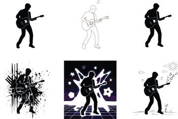 Guitarist silhouettes vector set, electric guitar player, music concert, live performance, rock band artwork, artistic design, lifestyle illustration, stage entertainment collection