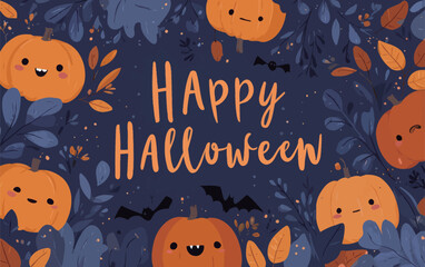 Fototapeta na wymiar A festive Halloween design featuring smiling pumpkins surrounded by colorful autumn leaves and playful bats, capturing the essence of the holiday spirit.
