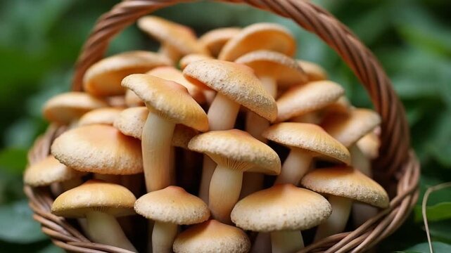heap of fresh harvested forest mushrooms in basket