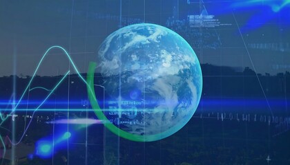 Night scene with Earth superimposed, overlaid with glowing data streams and graphs