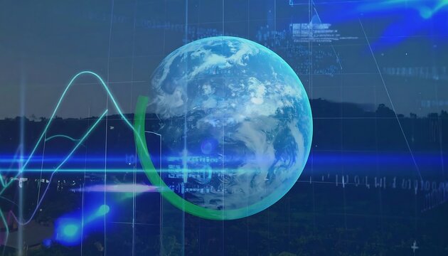 Night scene with Earth superimposed, overlaid with glowing data streams and graphs