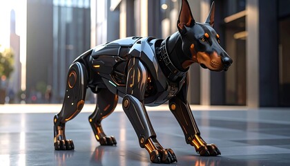 A futuristic robotic Doberman pinscher stands guard in a city setting.  Advanced tech blends with canine form
