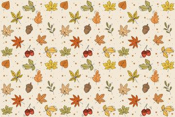 Seamless autumn pattern with leaves and acorns for decorating fabrics and festivals.