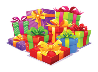 Fototapeta premium Large pile of various Christmas gifts with colorful wrapping and ribbons. Vector cartoon illustration