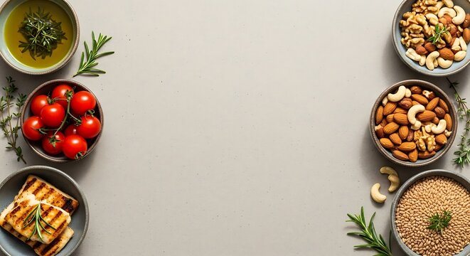 Fresh Cherry Tomatoes and Mixed Nuts in Bowls on Light Gray Surface - Powered by Adobe