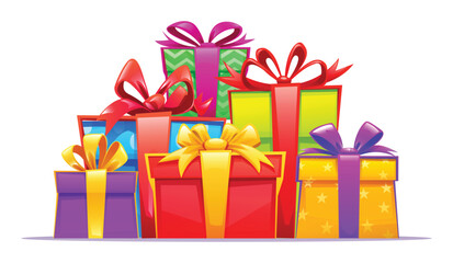 Collection of colorful gifts with beautiful bows arranged in a single row. Vector cartoon illustration