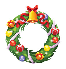 Christmas wreath with a large golden bell, red bow, colorful gifts, and decorative balls. Vector cartoon illustration