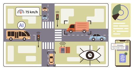 Urban intersection with AI monitoring traffic flow, vehicles, sensors, data dashboards, and smart devices. Ideal for technology, urban planning, safety, automation innovation mobility simple flat