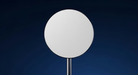 Minimalist White Circle on Silver Pole Against Deep Blue Background, Clean Aesthetic.