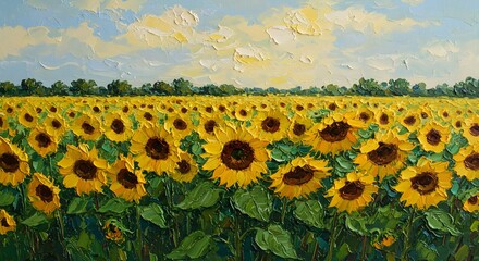 Obraz premium Impasto painting of a sunflower field under a light sky with a line of trees on the horizon