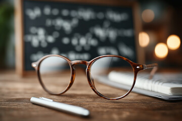 Close-up of glasses reflecting a chalkboard full of mathematical formulas and equations, sharp focus, dim classroom lighting, realistic textures