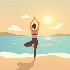 Woman Doing Yoga Tree Pose on Beach at Sunrise