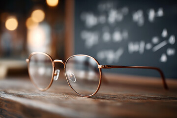 Close-up of glasses reflecting a chalkboard full of mathematical formulas and equations, sharp focus, dim classroom lighting, realistic textures