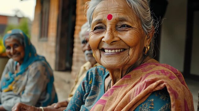 senior old Indian woman smiling with happy and leisure at rural village 