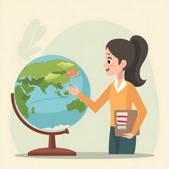 Woman Explaining Geography on Globe with Flag Illustration