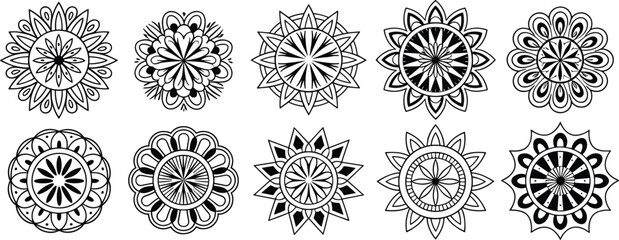 Black and white mandala flower designs, abstract floral geometric patterns, decorative symmetrical ornaments, line art, tattoo inspiration, vector collection
