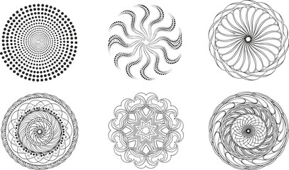 Abstract circular design, spiral art vector, radial symmetry, dotted round pattern, geometric decorative shape, optical illusion ornament set
