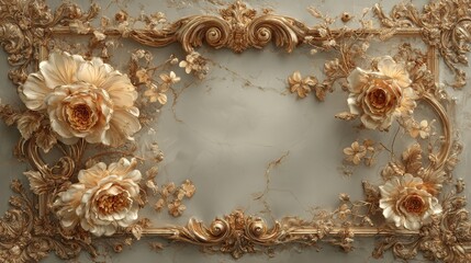 Elegant Ornate Floral Frame Inspired by Baroque Art Featuring Intricate Gold and Ivory Details Enhancing Classic Aesthetic Appeal