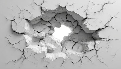A hole in a cracked, light grey wall, revealing bright light