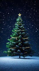 Festively decorated Christmas tree in a snowy night setting