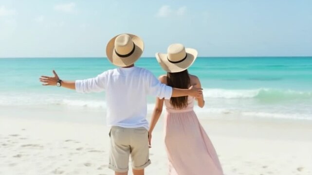 Young couple on white beach during summer vacation.