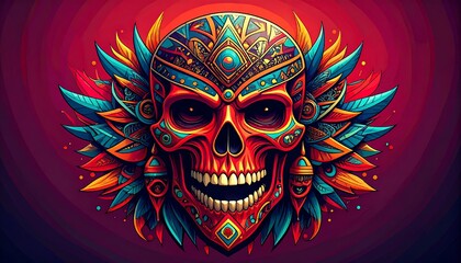 Ornate skull adorned with vibrant feathers