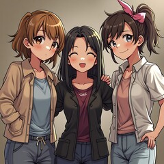 Group of Smiling Girls in Anime Style Posing Together