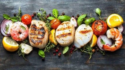 Grilled Seafood Medley with Fresh Herbs and Vegetables on Dark Wood Surface Display