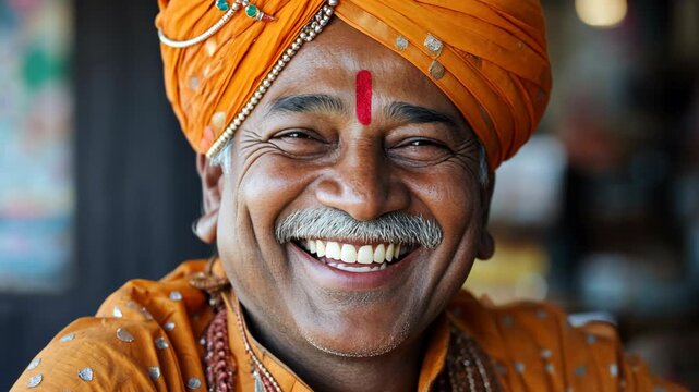 smiling Indian man Guru wearing traditional attire with orange headwrap Dastar or Pagg smiling to camera