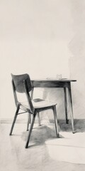 A grayscale drawing of a simple desk and chair