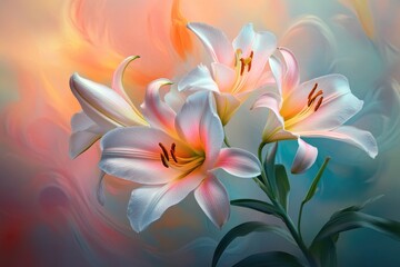 Fototapeta premium Vibrant lily blossoms in a dreamy garden setting floral art composition soft focus background nature's elegance