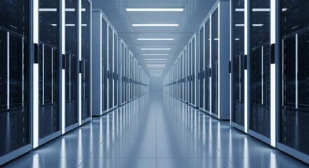 Fototapeta premium Futuristic data center corridor with LED lights, symmetry clean design