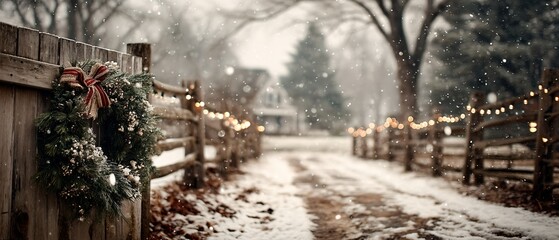 Winter Wonderland Scene with Snowy Wreath Charming Neighborhood Photography Serene Environment Close-Up Perspective
