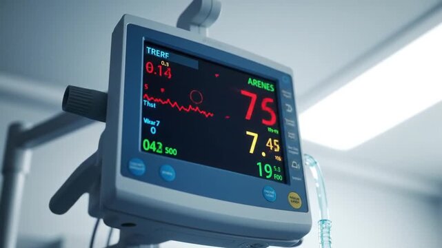 Patient Vital Signs Monitoring: Close-up of Medical Monitor Displaying Fluctuating Readings