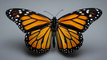 Fototapeta premium Close up macro of monarch butterfly with open wings orange and black insect 