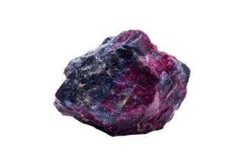 Raw purple mineral specimen on transparent background