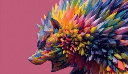 A vibrant, low-poly wolf rendered in a multitude of colors, snarling against a solid background