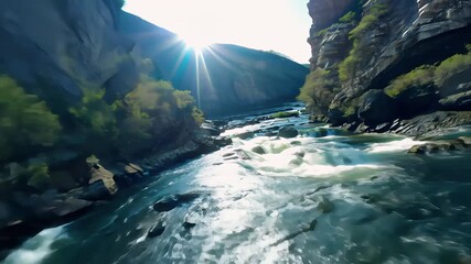 Camera darts above rushing river between steep canyon walls, sun rays burst ahead as rushing river twists under soaring lens, spray glitters while rushing river roar fuels adrenaline.  - Powered by Adobe