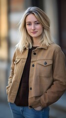A wavy-haired blonde lounges against a black backdrop in an open brown suede jacket and dark denim, soft light sculpting textures and exuding effortless confidence.