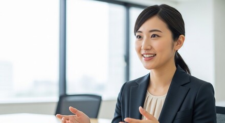 採用面接にて笑顔で自己PRをしている日本人女性のポートレート