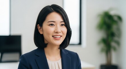 採用面接にて笑顔で自己PRをしている日本人女性のポートレート