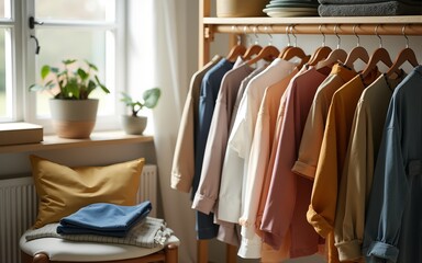 Sorting clothes for a sustainable future in a cozy bright room. High quality